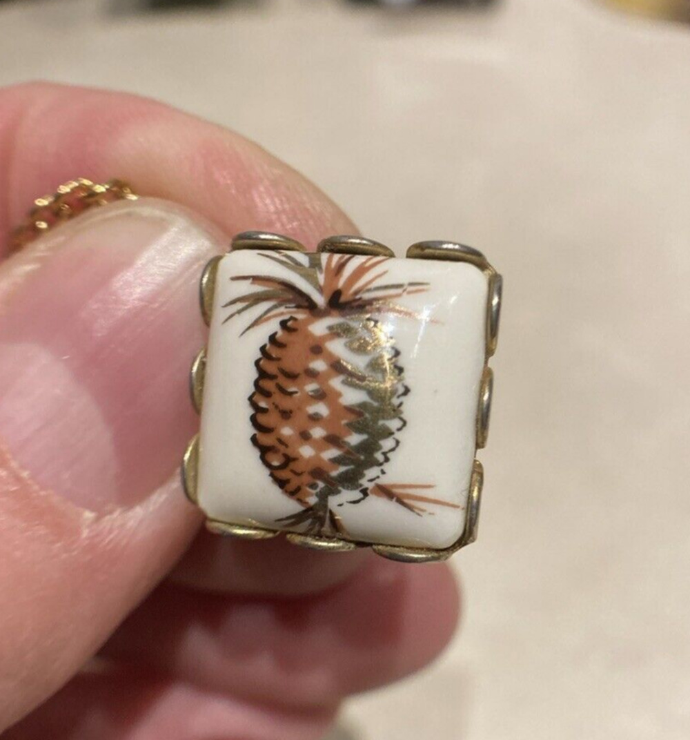 Vintage Mid Century Goldtone Gold Brass Enamel Ceramic Tile Pineapple Tie Tack